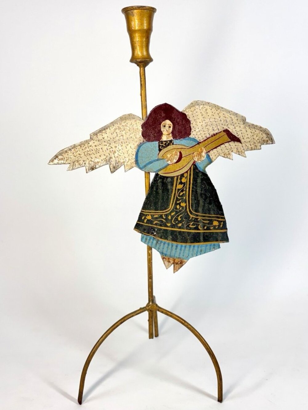 VTG Folk Art Angel Playing Lute Handpainted Metal Taper Candlestick Holder 15”